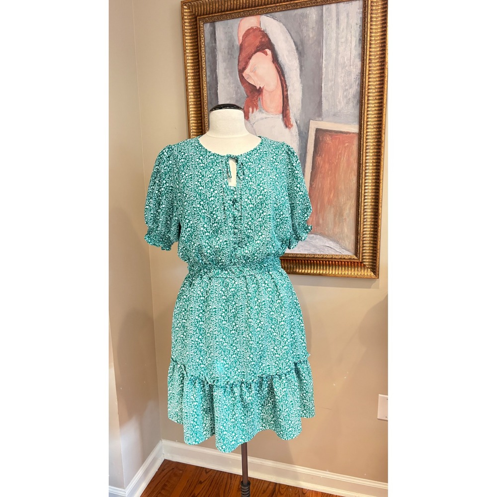 Draper James RSVP Green Floral Puff Sleeve Ruffle Hem Dress Large